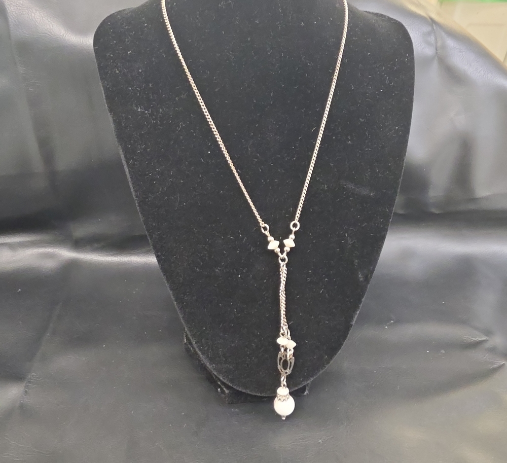 Silver-Tone White Bead Drop Y-Necklace
